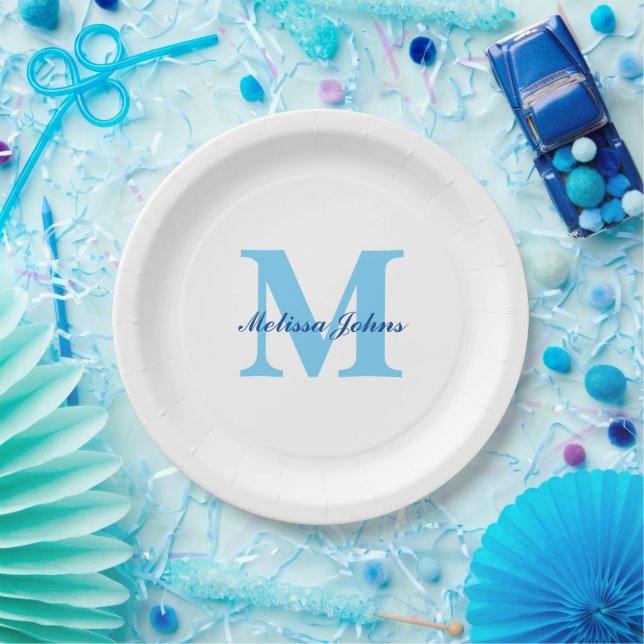  Custom Name Monograms Blue Birthdays Baby Showers Paper Plate (Party)