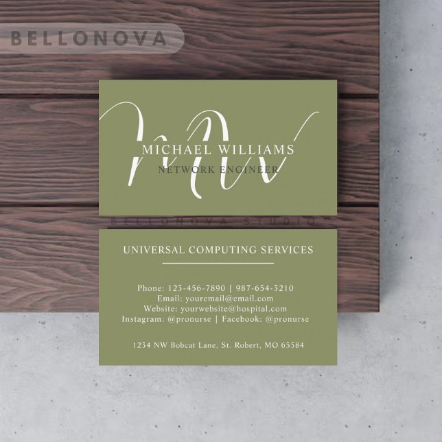 Custom Name Moss Sage Olive Green White Monogram Business Card (Custom Name Moss Sage Olive Green White Monogram Business Card)
