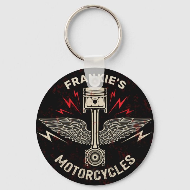 Custom NAME Motorcycle Piston Wings Biker Garage Key Ring (Front)