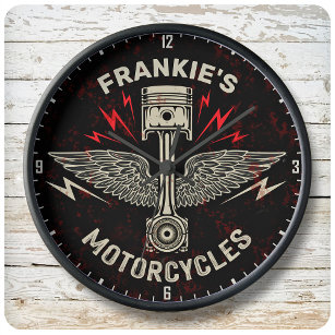Custom NAME Motorcycle Piston Wings Biker Garage Large Clock