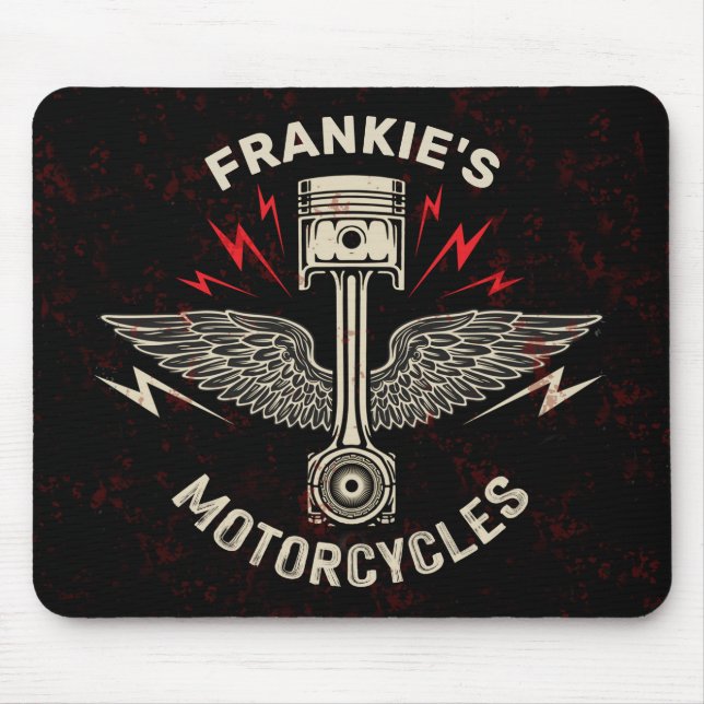 Custom NAME Motorcycle Piston Wings Biker Garage Mouse Mat (Front)
