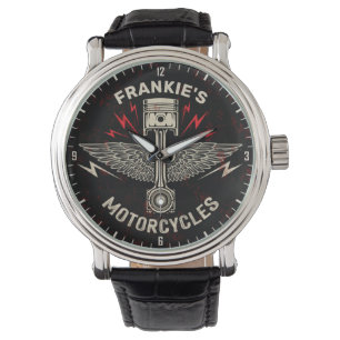 Custom NAME Motorcycle Piston Wings Biker Garage Watch