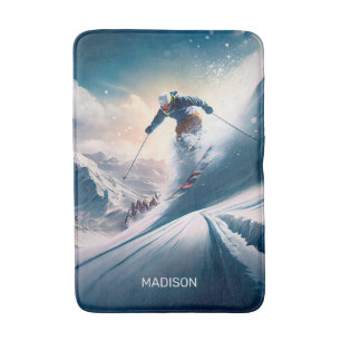 Custom Name Mountain Skier Bath Mat