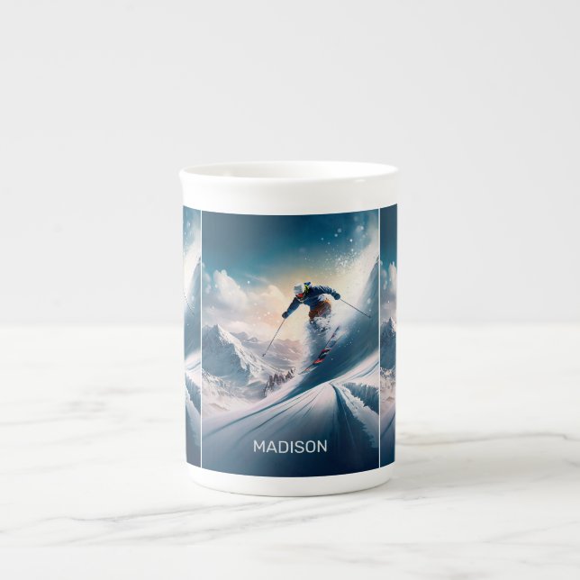 Custom Name Mountain Skier Bone China Mug (Front)