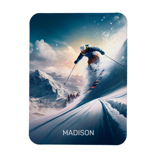 Custom Name Mountain Skier Magnet (Vertical)
