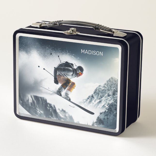 Custom Name Mountain Skier Metal Lunch Box (Front)