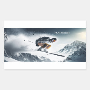 Custom Name Mountain Skier Rectangular Sticker
