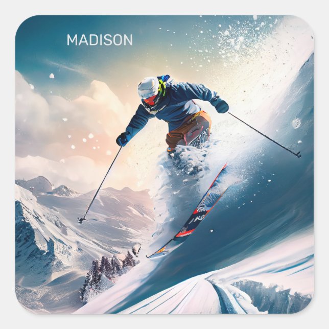Custom Name Mountain Skier Square Sticker (Front)