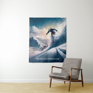 Custom Name Mountain Skier Tapestry