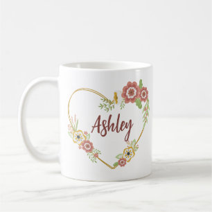Custom Name Mug, Floral Heart Personalised Coffee Mug