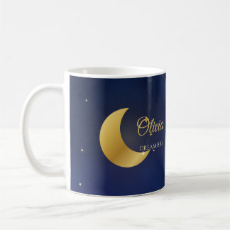 Custom Name Mug: Navy & Gold Crescent Moon & Stars Coffee Mug