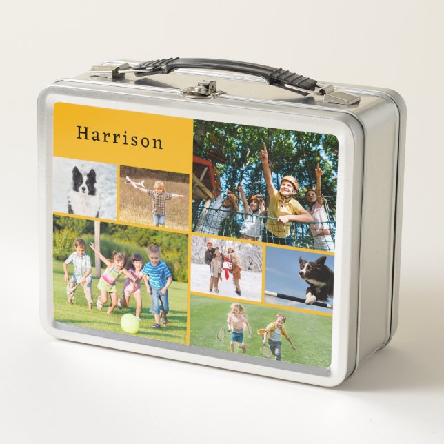Custom Name Multi Photo Collage Back to School Metal Lunch Box (Front)