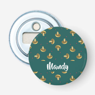 Custom name mushrooms on green bottle opener
