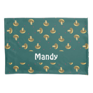 Custom name mushrooms on green pillowcase