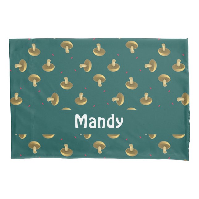 Custom name mushrooms on green pillowcase (Front)