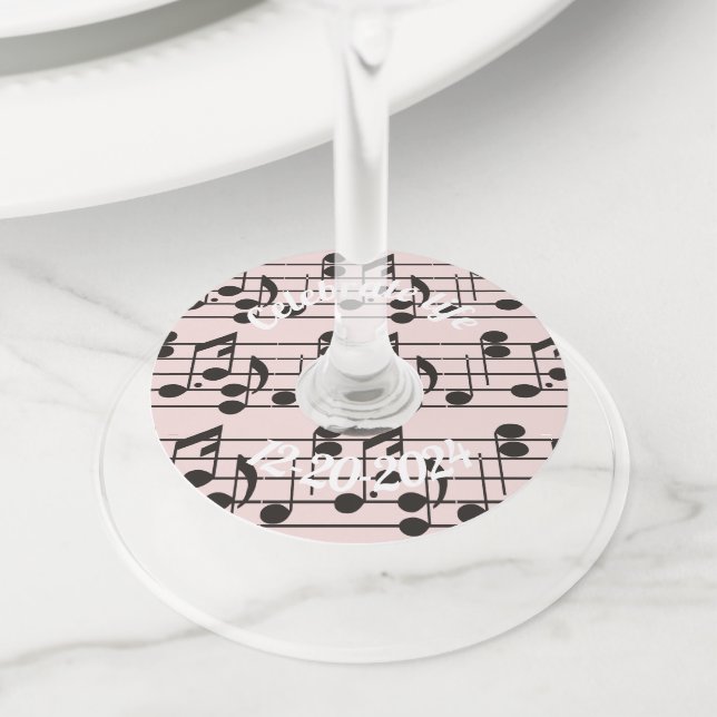 Custom Name Music notes pink Wine Glass Tag (Close Up)
