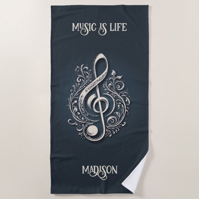 Custom Name Musical Clef Note Beach Towel (Front)