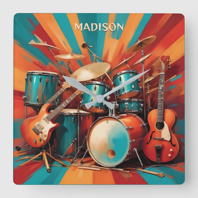 Custom Name Musical Instruments Square Wall Clock (Front)