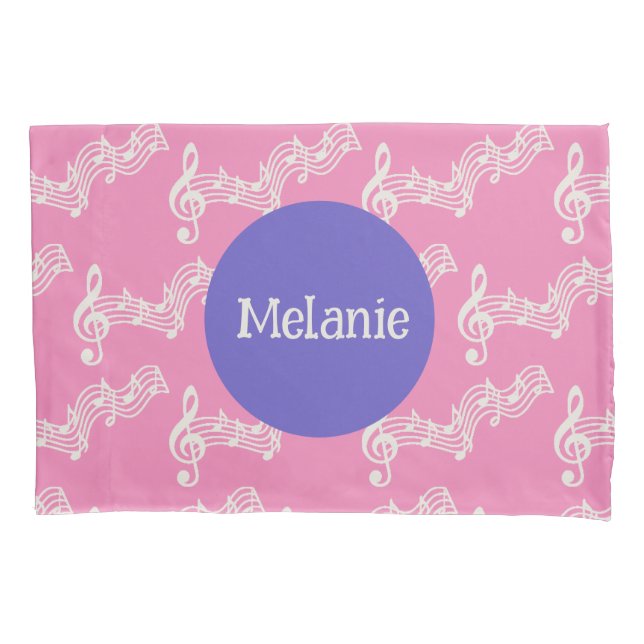 Custom Name Musical Notes Girly Pink Pillowcase (Front)