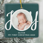 Custom Name My First Christmas Photo Green Ceramic Ornament<br><div class="desc">This cute Baby's First Christmas Photo Ornament is decorated with the word JOY in stylish script typography on a green background.
Easily customisable with your photo,  name,  and year.</div>