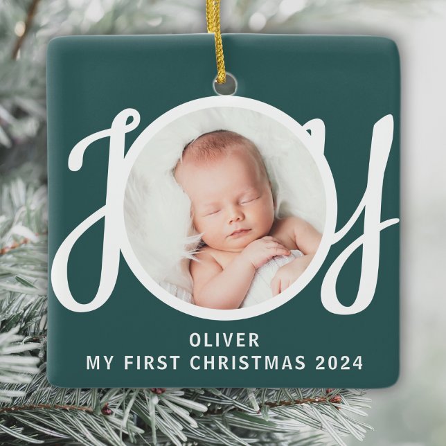 Custom Name My First Christmas Photo Green Ceramic Ornament (Creator Uploaded)