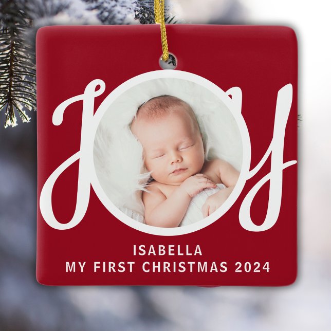 Custom Name My First Christmas Photo Red Keepsake Ceramic Ornament (Creator Uploaded)