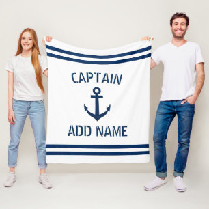 Custom name nautical anchor boat captain striped fleece blanket
