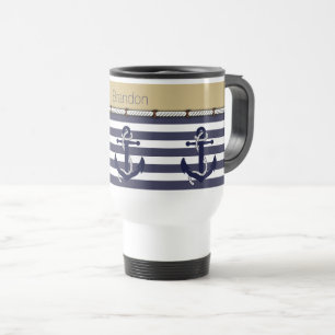 Custom Name Nautical Anchors Stripes Pattern Travel Mug