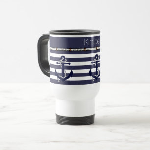 Custom Name Nautical Anchors Stripes Pattern Travel Mug