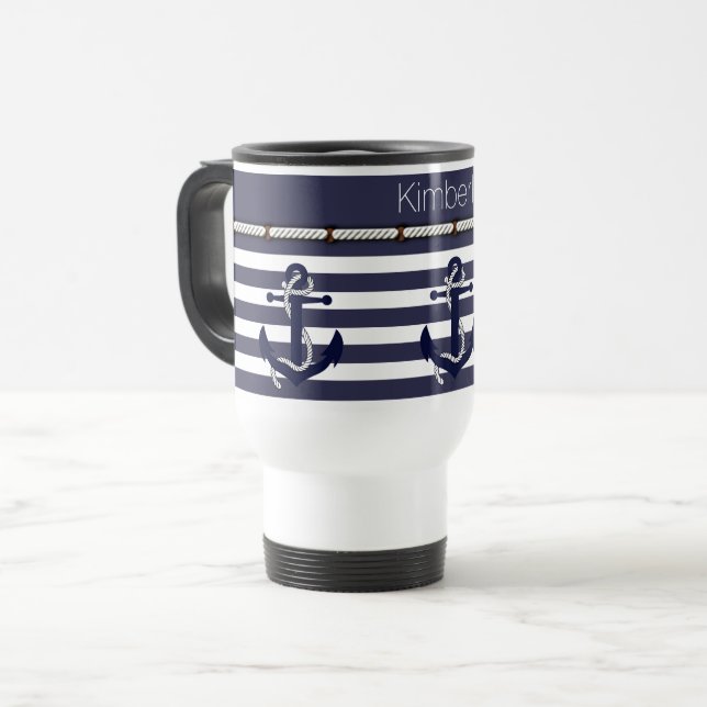 Custom Name Nautical Anchors Stripes Pattern Travel Mug (Front Left)