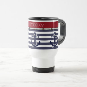 Custom Name Nautical Anchors Stripes Pattern Travel Mug