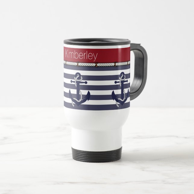 Custom Name Nautical Anchors Stripes Pattern Travel Mug (Front Right)
