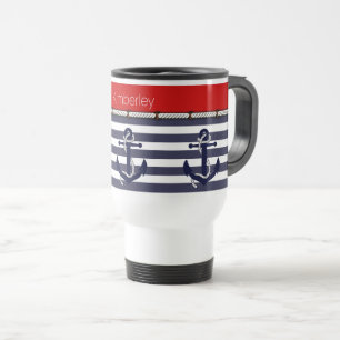 Custom Name Nautical Anchors Stripes Pattern Travel Mug