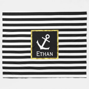 Custom Name Nautical Black and White Anchor Fleece Blanket