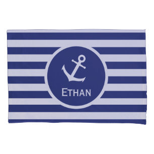 Custom Name Nautical Blue and White Striped Pillowcase
