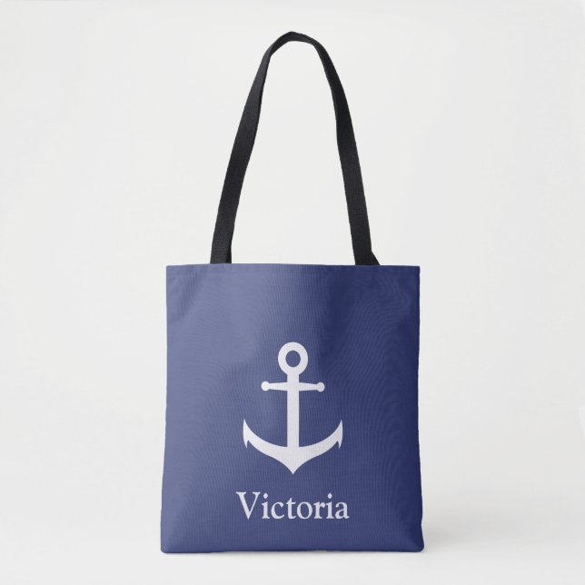Custom Name Nautical Blue and White Tote Bag (Front)
