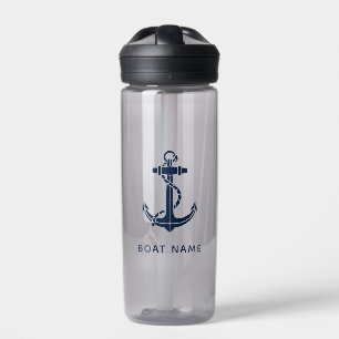 Custom Name Nautical Navy Blue Anchor  Water Bottle