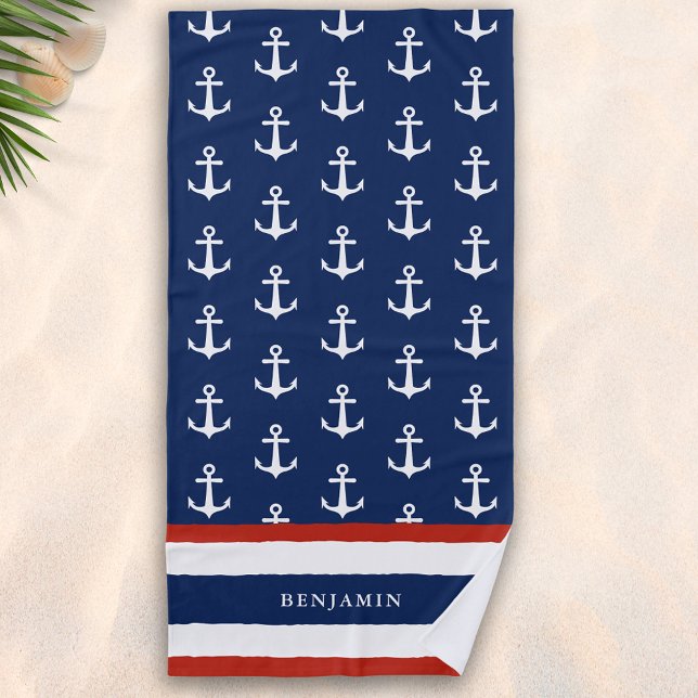 Custom Name Nautical Navy Blue White Anchor Beach Towel (Creator Uploaded)