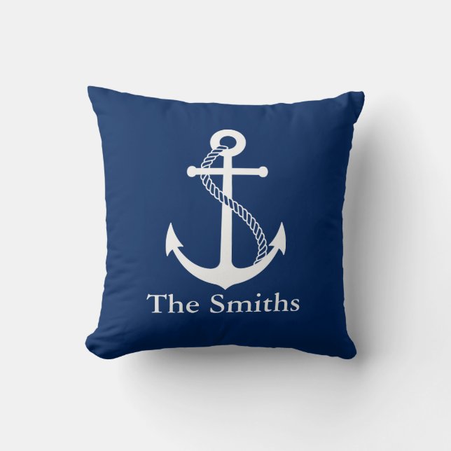 Custom Name Nautical Navy Blue with White Anchor Cushion (Front)