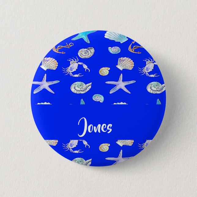 Custom name nautical print on blue 6 cm round badge (Front)