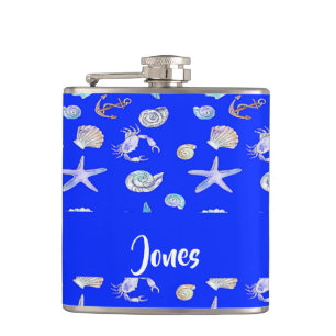 Custom name nautical print on blue hip flask