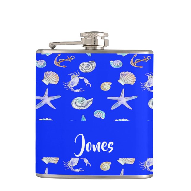 Custom name nautical print on blue hip flask (Front)