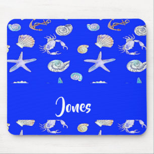 Custom name nautical print on blue mouse mat