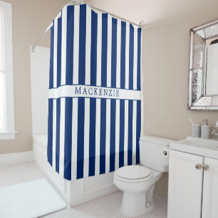 Custom Name Navy and White Vertical Striped Shower Curtain