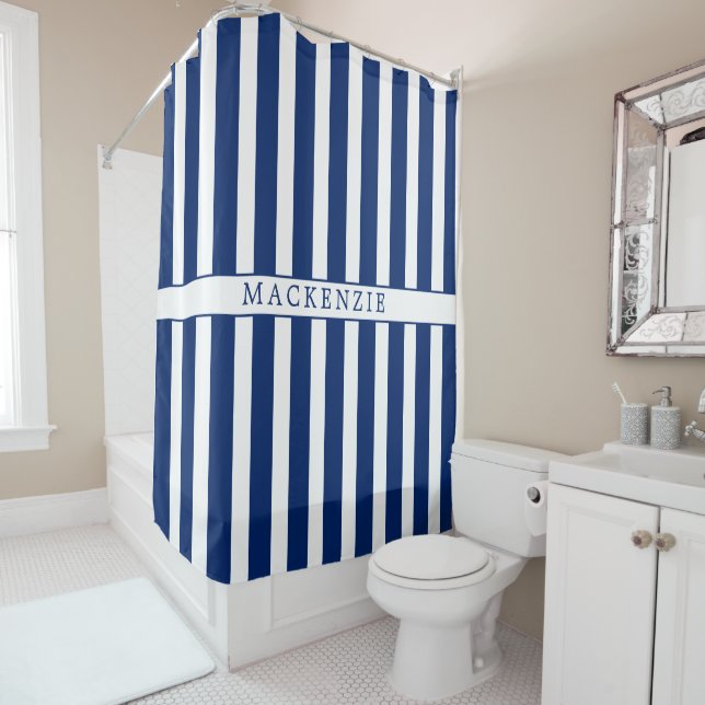 Custom Name Navy and White Vertical Striped Shower Curtain (In Situ)