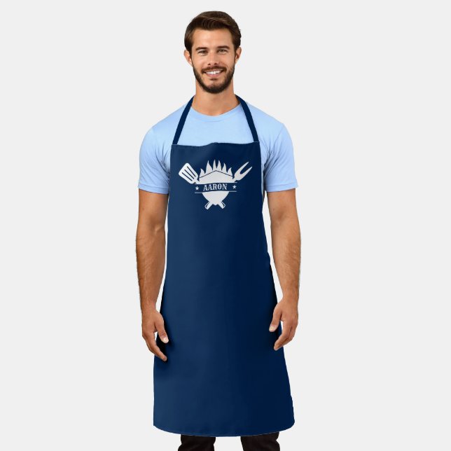 Custom Name Navy BBQ Grill Apron (Worn)