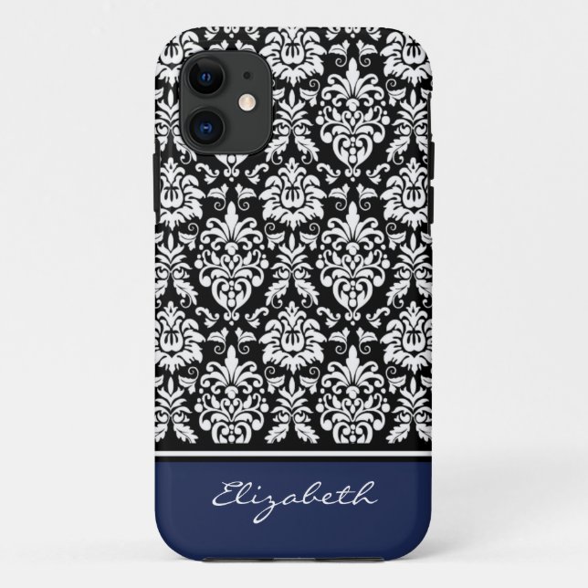 Custom Name Navy Black White Damask Case-Mate iPhone Case (Back)