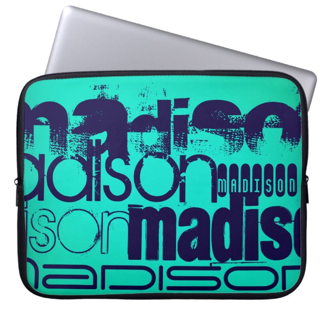 Custom Name; Navy Blue and  Neon Aqua Turquoise Laptop Sleeve (Front)