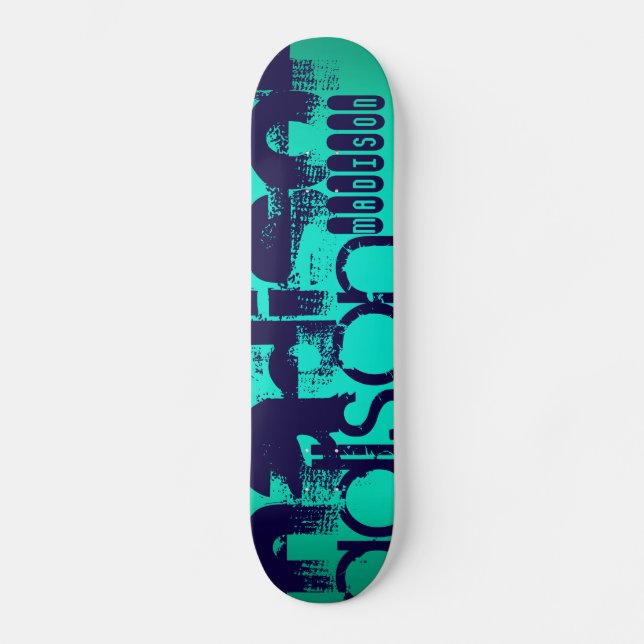 Custom Name; Navy Blue and  Neon Aqua Turquoise Skateboard (Front)