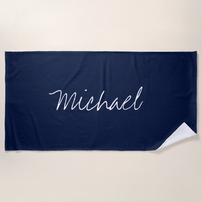 Custom Name Navy Blue Beach Towel (Front)